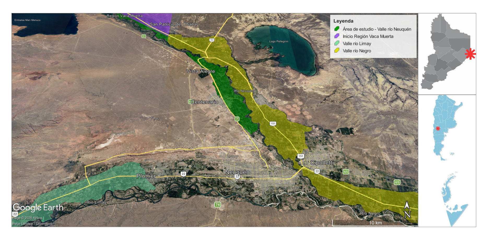 Figura 1. Localización geográfica del área de estudio en los valles de producción fruti-hortícolas y la Región Vaca Muerta, norte de la Patagonia, Argentina.