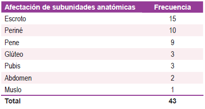 Tabla 1. Distribución por afectación de subunidades anatómicas